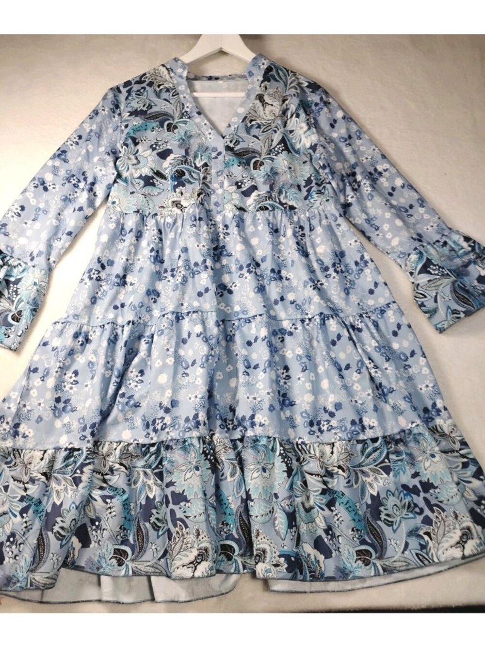 Floral Ruffle Hem Midi Dress Pullover Lightweight Flared Sleeve Size Large Blue